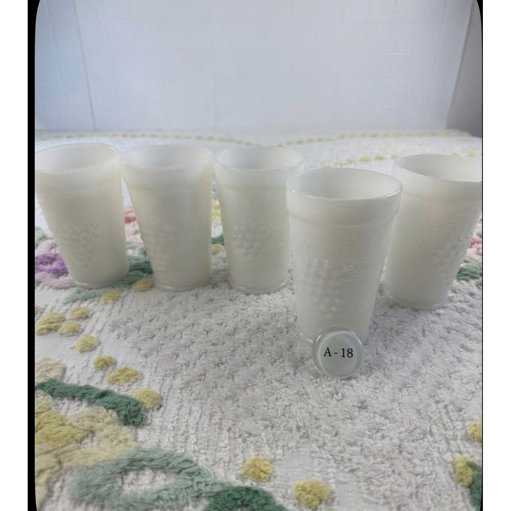 Vintage Milk Glass Grape Harvest Juice Tumblers Set‎ of 5 White Embossed A-18